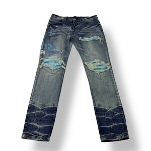 AMIRI Distressed Blue Denim Jeans Men's Size 34x30 Embroidered Logo